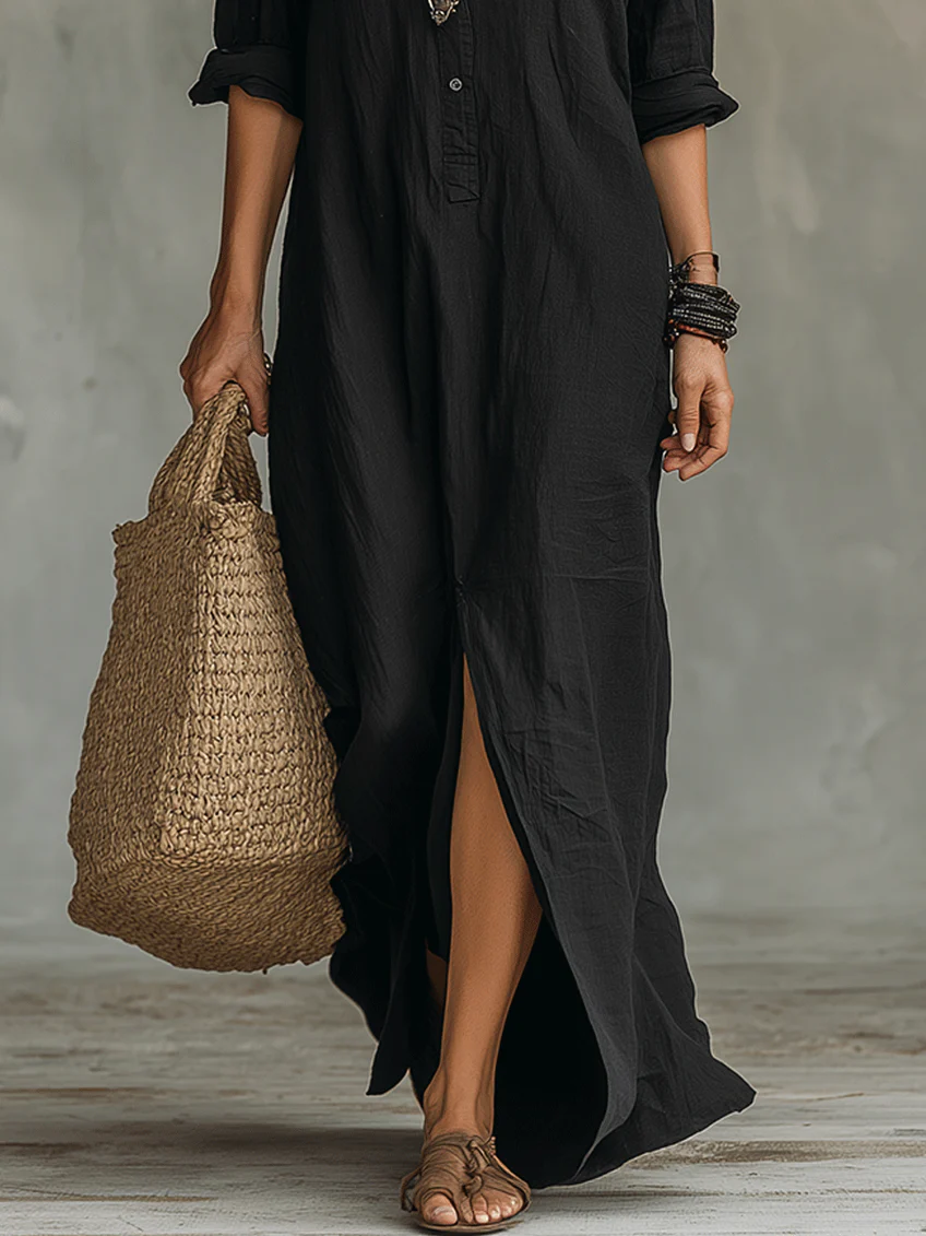Luna | Vestido largo negro tipo maxi con botones