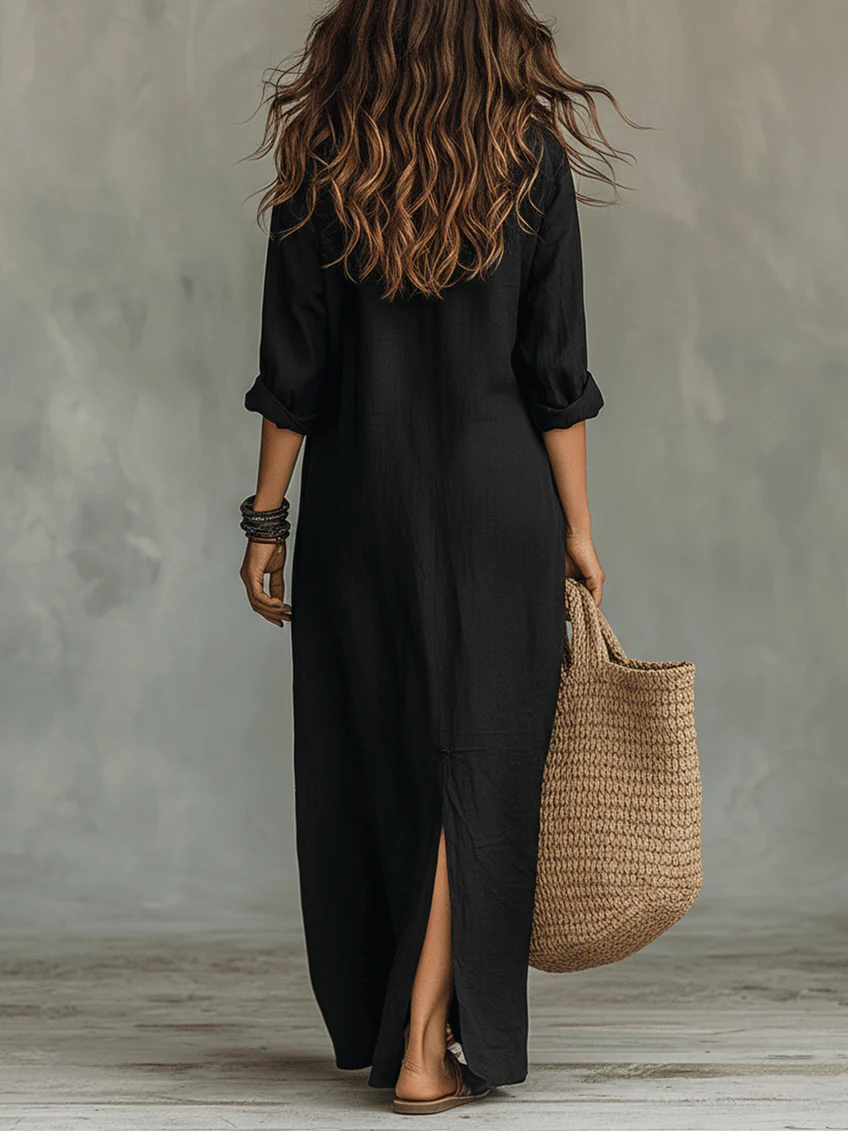 Luna | Vestido largo negro tipo maxi con botones