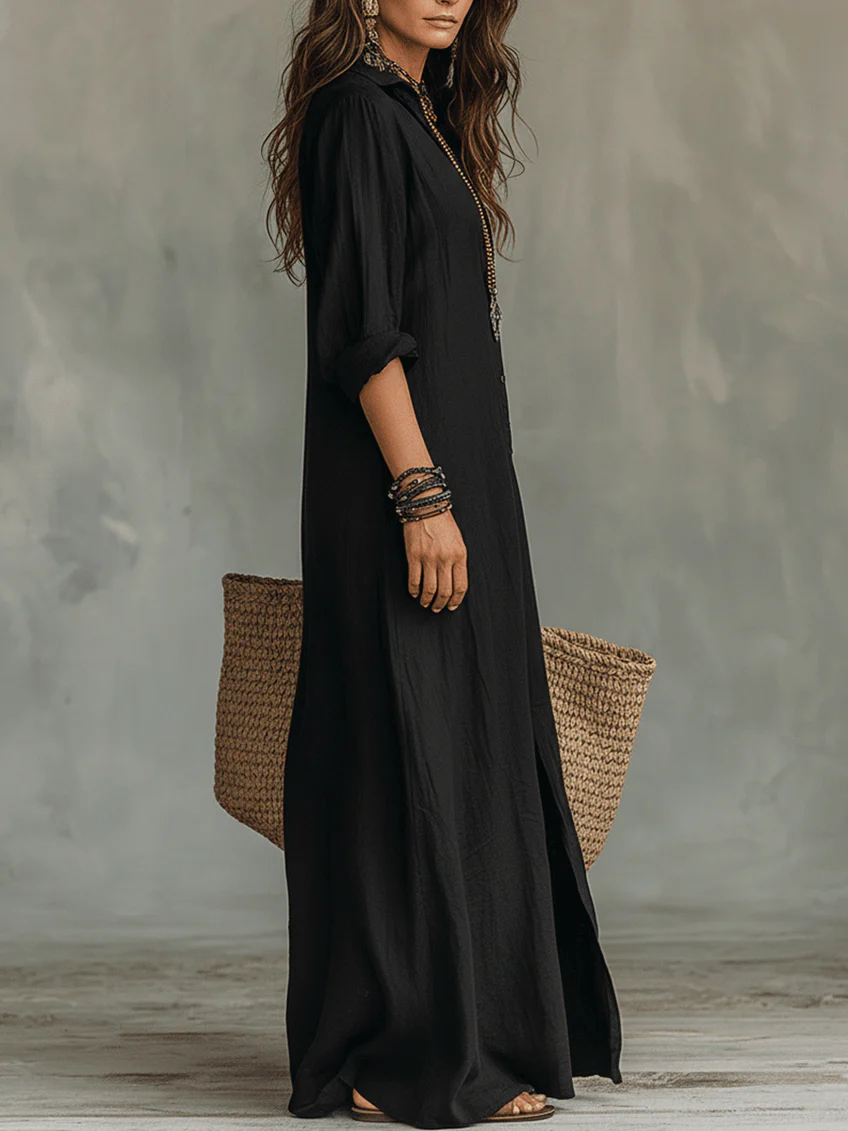 Luna | Vestido largo negro tipo maxi con botones